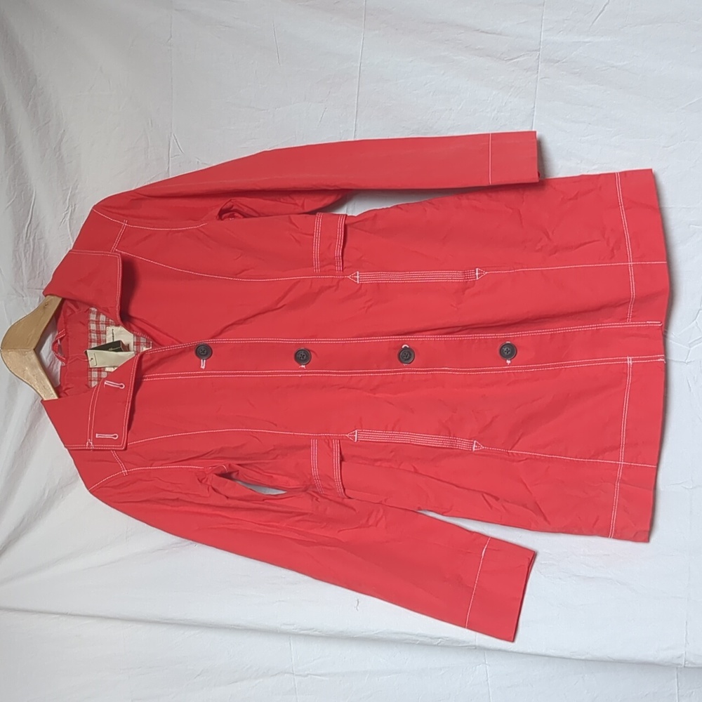Eddie Bauer Trench bright red orange button up Coat faux cinch belt Small